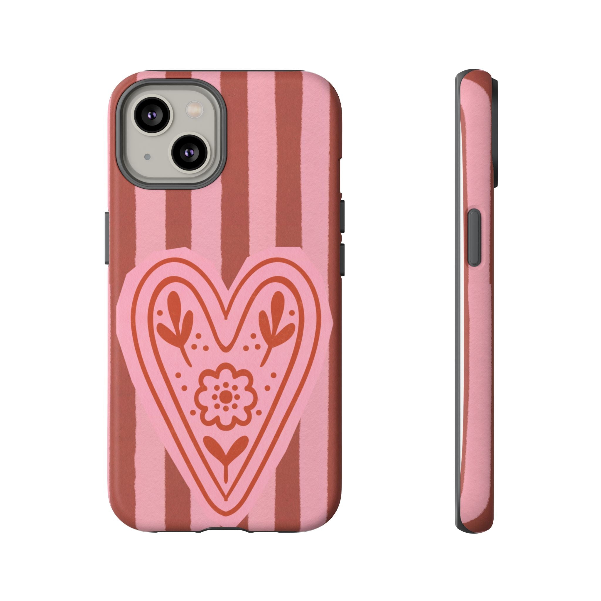 Pink Heart Phone Case — Striped Floral Heart Protective Phone Cover