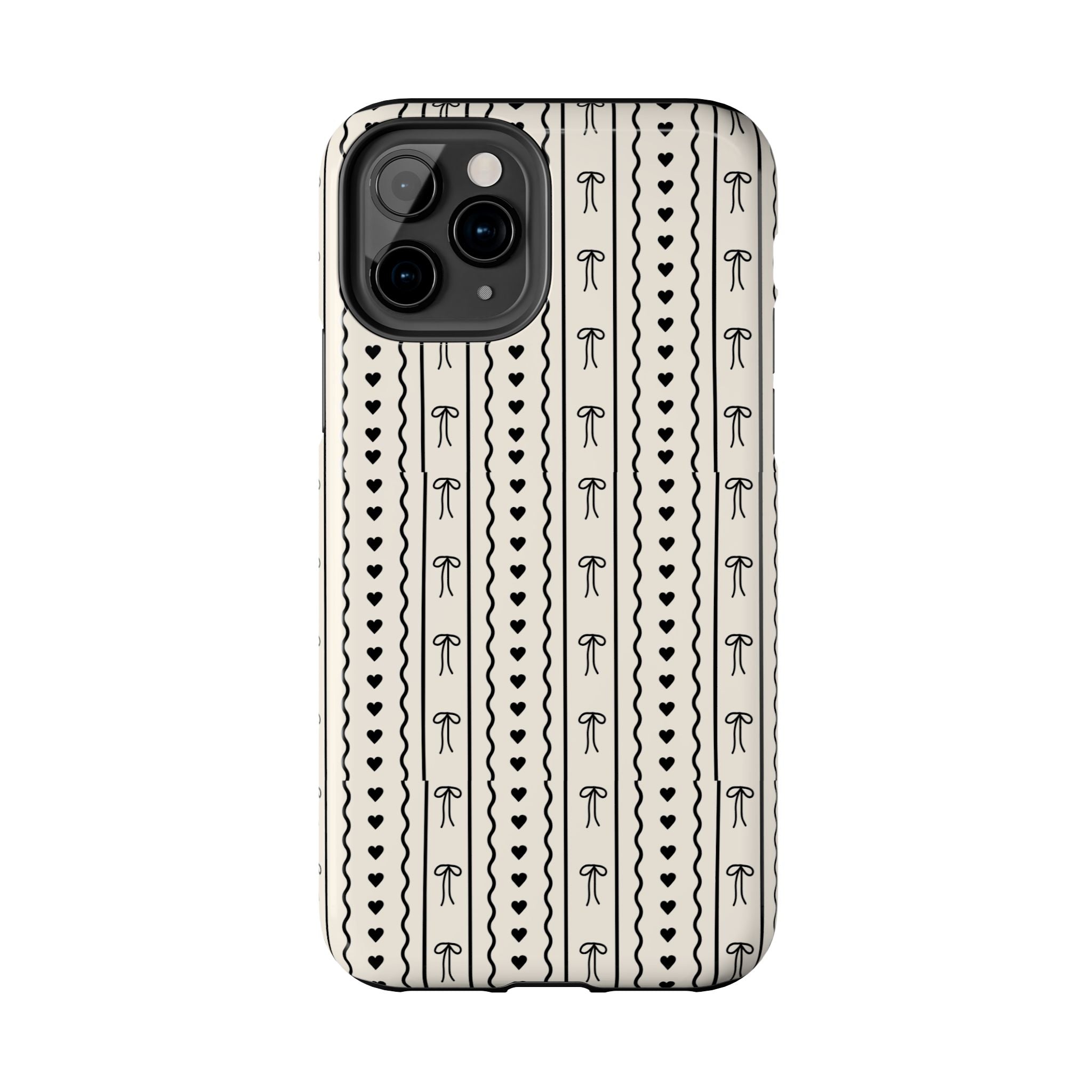 Black Heart & Bow Stripe Tough Phone Case — Cute Minimalist Protective Cover